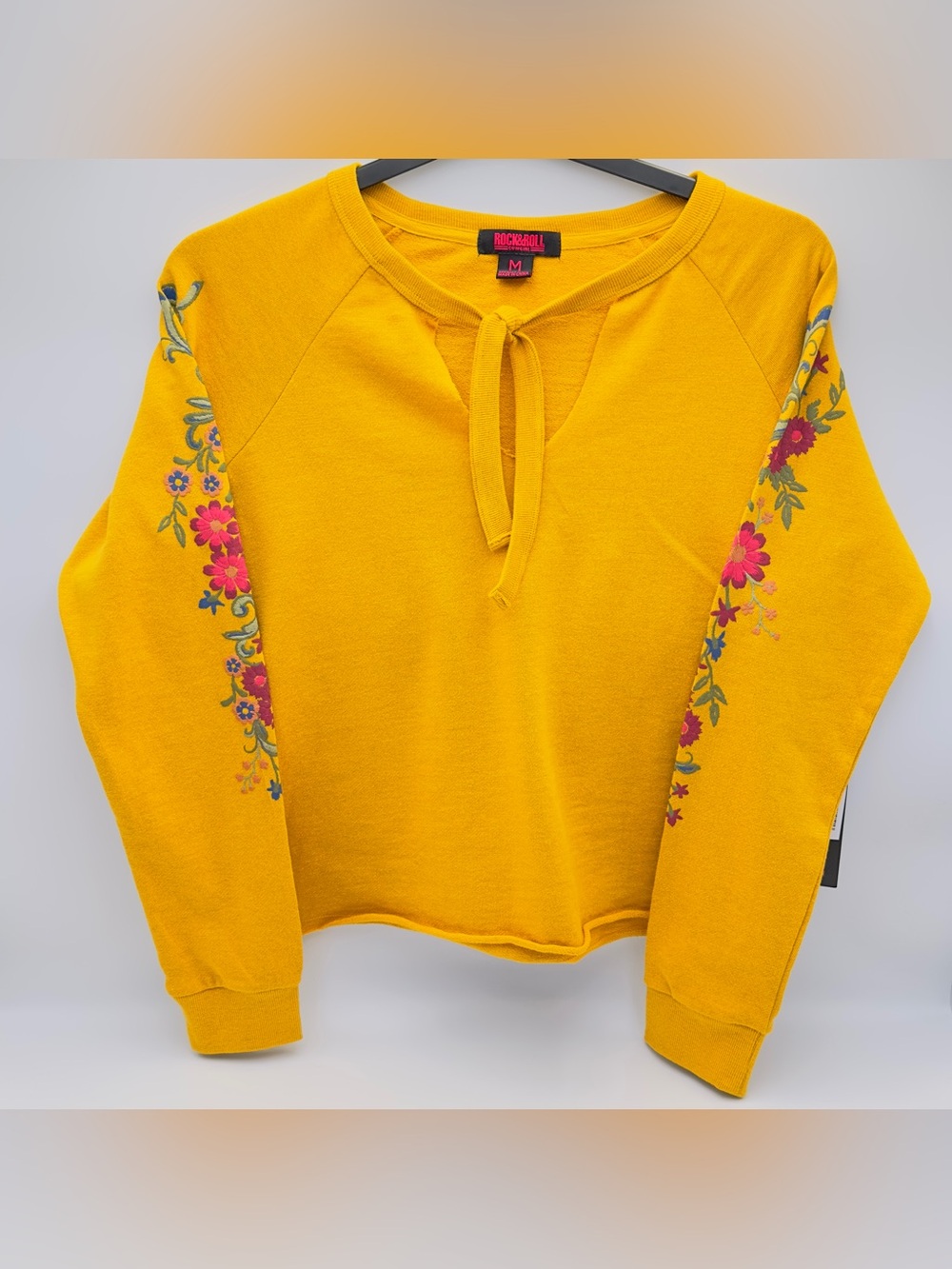 Rock & Roll Cowgirl Mustard Yellow Tie-Neck Sweatshirt with Floral Sleeves